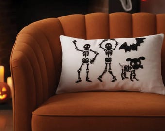 Punch Needle Halloween Pillow, Dancing Skeletons Family, Funny Halloween Decor