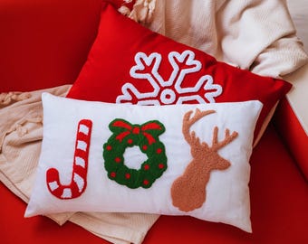 Embroidered Christmas Pillow, Punch Needle Holiday Decor