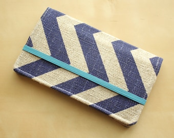 Cell Phone Wallet - Chevron Print - Dark Peacock Blue and Grayish Tan Linen - Smart Phone Wallet