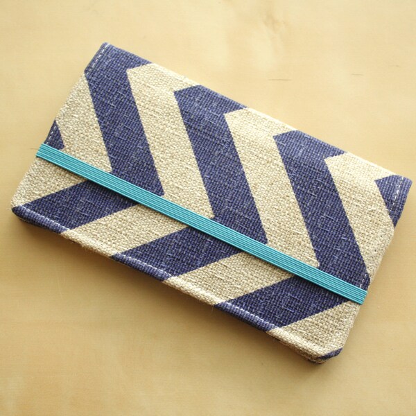 Cell Phone Wallet - Chevron Print - Dark Peacock Blue and Grayish Tan Linen - Smart Phone Wallet