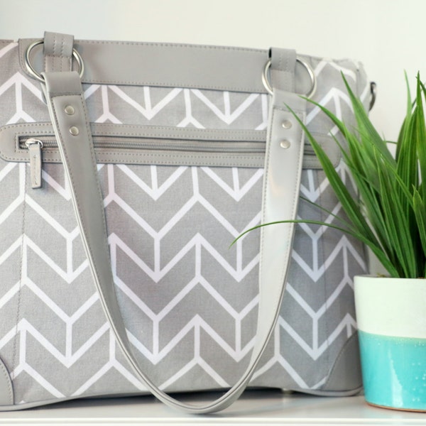 Less than Perfect - Laptop Camera Bag - Gray and White Chevron - Laptop Tote - Womens Laptop Satchel - Canvas and Vegan Leather