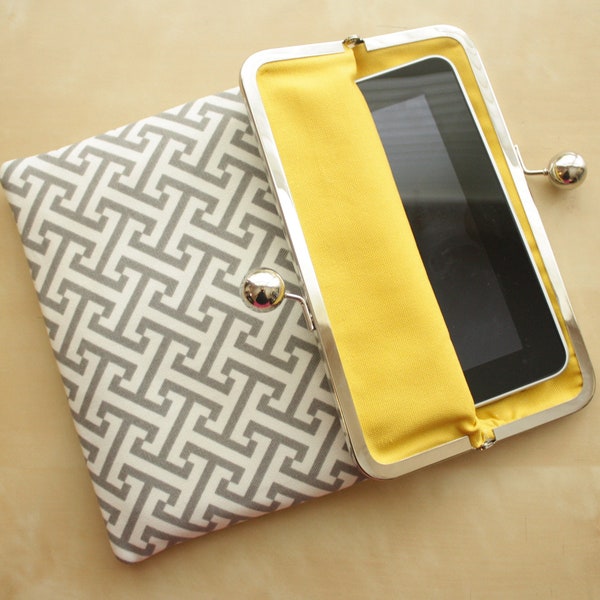 Gray iPad Case or Sleeve with Kisslock Frame - Gray and Yellow - iPad Clutch - Notebook Clutch - iPad Mini
