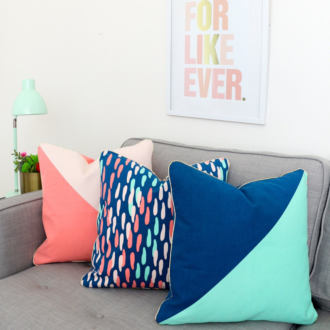 Pillow Navy and Mint Blue Color Blocked Throw Pillow with | Etsy