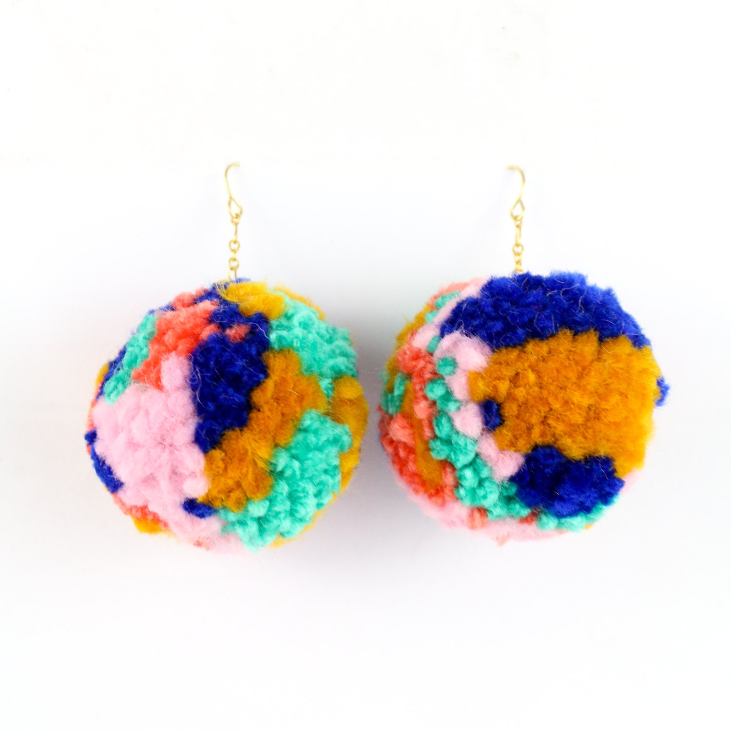 Pom Pom Earrings Multi Color Yarn Pom Pom Earrings with Gold Etsy