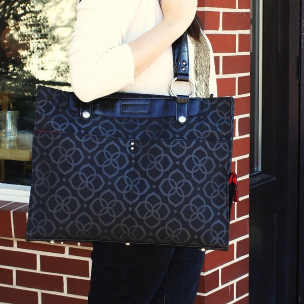 Laptop Tote - plata y negro flor portátil bolso poliester y veganas cuero - Laptop Tote
