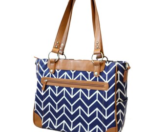 Less than perfect- Laptop Camera Bag - Navy and Camel Chevron Arrows - Laptop Tote - Womens Laptop Satchel - Canvas and Vegan Leather