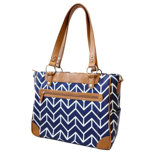 Less than perfect- Laptop Camera Bag - Navy and Camel Chevron Arrows - Laptop Tote - Womens Laptop Satchel - Canvas and Vegan Leather