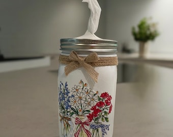 ¡250 aniversario de los EE. UU.! Jarrón de flores patriótico rojo, blanco y azul con tarro de cristal y portapañuelos.