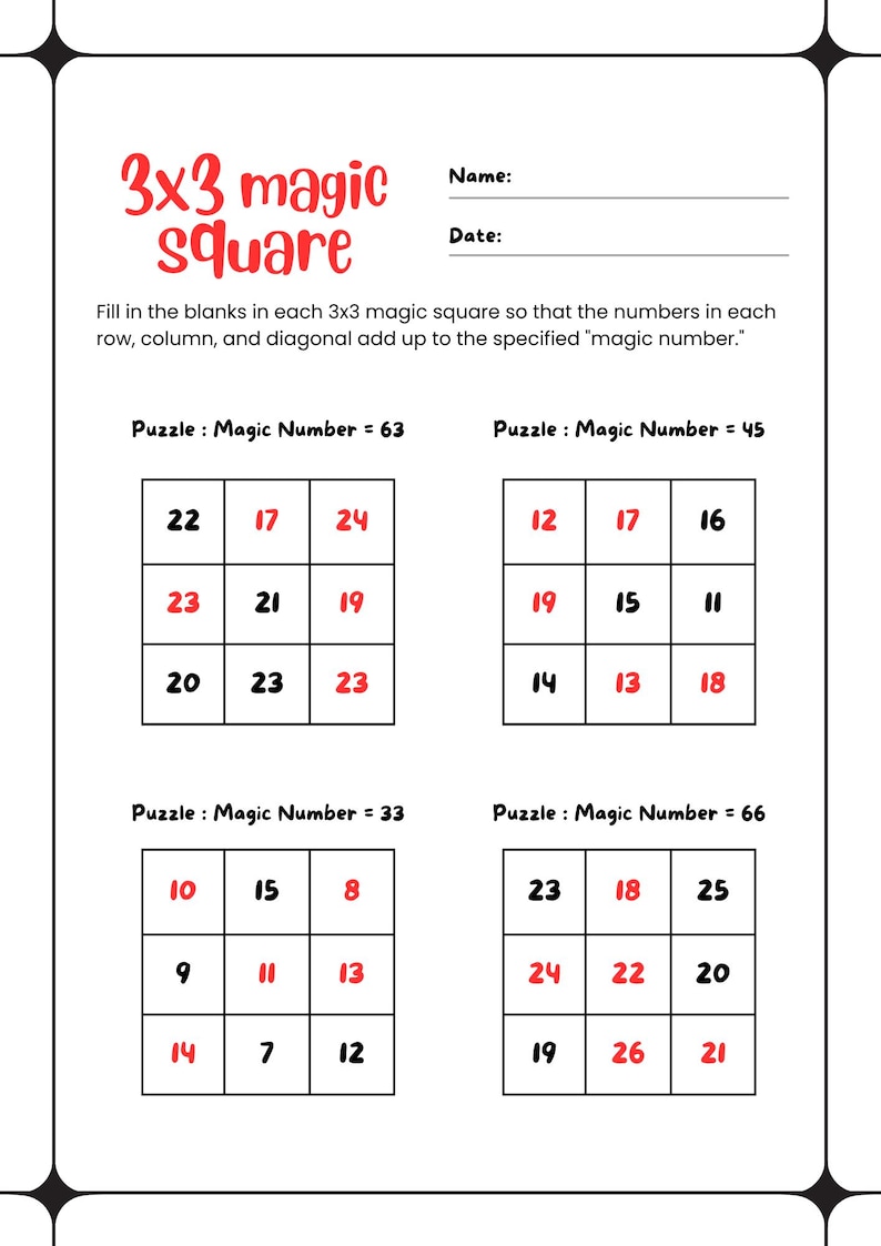 3x3 Magic Square - Addition Puzzle Worksheet - Etsy
