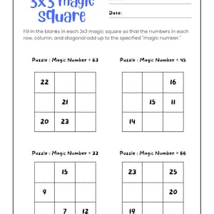 3x3 Magic Square - Addition Puzzle Worksheet - Etsy