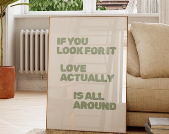El amor está en todas partes. Impresión: Arte de pared estético para dormitorio verde. Arte de pared minimalista PNG + PDF retro (descarga digital).