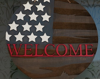 Rústico, Bandera Americana, Bienvenida, Señal de Puerta, Señal de Bandera para Puerta Principal,