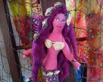 Magenta Mermaid Doll with pink coral batik fabric Made By Tessimal Bejeweled with Tiny Beads and shells