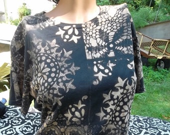 Sacred Geometry Tshirt Womans Cut size small Bleach dyed with Mandala Stars and Pinwheels made by Tessimal