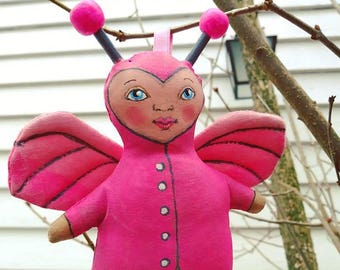 Pink Love Bug Doll Made to Order Anthropomorphic  Valentine Doll Hand Painted Stuffed Plushie Folk Art Cloth Doll Ornament Cuteness Lady bug