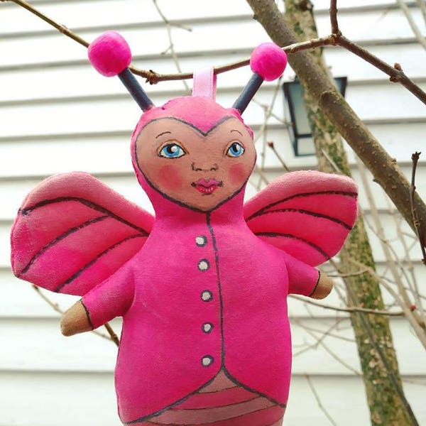 Pink Love Bug Doll Made to Order Anthropomorphic  Valentine Doll Hand Painted Stuffed Plushie Folk Art Cloth Doll Ornament Cuteness Lady bug