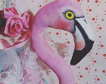 Pink Flamingo Soft Sculpture Doll Alice in Wonderland Queen Of Hearts Hand Painted Doll with Wooden Base Made to Order Tea Party