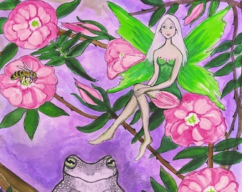 Single Card/Wild Rose Faerie/Birthday Card/ Gray Tree Frog/Pink Faerie Art Card 5 by 7 Gift Card Free Shipping Art Journal Faerie Supplies