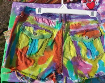 Distressed low rise White House Black Market Noir size 10 Neon Hot Rainbow Pink Purple Orange Turquoise Yellow Art Shorts Ripped Jeans