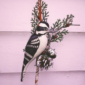 Downy WoodPecker Ornament Gift Can be Personalized for Bird Lover Hand painted on Birch Branch pine cones Rustic Folk Art Doll