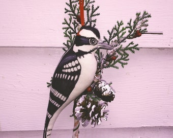 Downy WoodPecker Ornament Gift Can be Personalized for Bird Lover Hand painted on Birch Branch pine cones Rustic Folk Art Doll