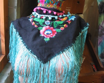 Gypsy Tribal Pink Rose on Black with turquoise Fringe Choker Collar Neckwarmer