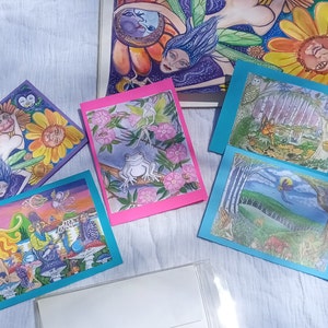 5 Faerie Card Set Use for Fairy Art Journal or Junk Journal Paper Craft Mixed Media or Gift Giving Blank ColorFul Faeries in Forest Flowers