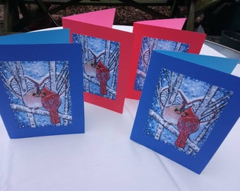 Cardinal Cards Love Birds Art Card Set of 4 Valentine's Day Greeting Card By Tessimal 2 Blue 2 Red with Envelopes blank Inside