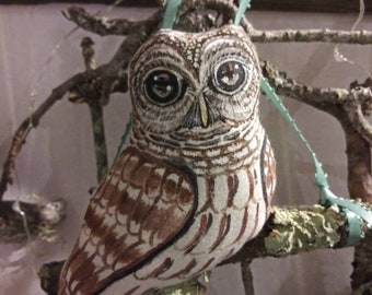 Owl Plushie Ornament Hand Painted Barred Owl on a tree branch with lichens and mushrooms made to order