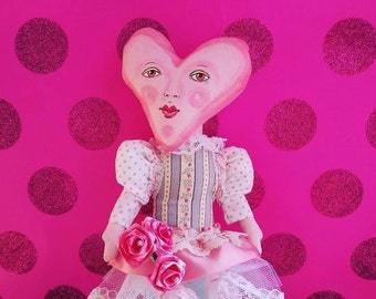 Heart Anthropomorphic Art Doll for Valentine's Dolly with Heart Lace TuTu and Roses Created Tessimal Made to Order Queen of Hearts Doll