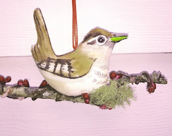 Winter Wren Ornament hand painted wild bird plushie doll gift for holiday decor for nature lover with tree branch lichens Winter Solstice