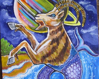 Capricorn Astrology Painting Goat with Saturn Zodiac Art to Custom fit your Retro Home Decor