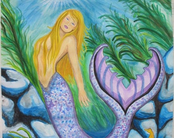 Mermay Mermaid Card Art Water Color Painting Great Image to add to Ocean Scene Art themed Junk Journal Mermaids For May Yellow Sea Horses