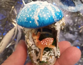 Mini Blue Mushroom Fairy house Ornament with deer Made of Birch Bark Great for Tooth Faerie Hand Sculpted Roof Painted with ferns