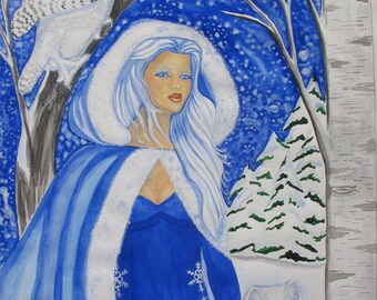 Snow Queen Gift Card Collect for Seasonal Holiday Happy New Year Wolf and Owl Snow Blue Winter Jack Frost