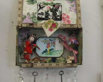 Vintage Japanese Themed Box Assemblage/Treasure Art Collage Keepsake/ Display Cigar Box Gift for her/ Japanese Doll Porcelain Turtle