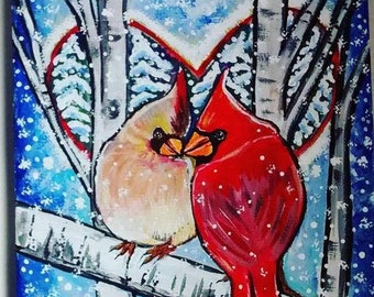 Cardinal Card Love Birds Art Card 1 card Valentine's Day Greeting Card or Christmas Winter Solstice By Tessimal Free Shipping in USA