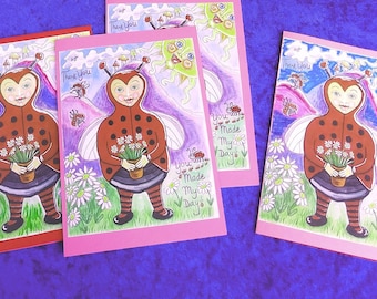 Thank You Cards Set of 4 You Made My Day Ladybug Holding Daisies Fun Celestial Sun Beaming  Happy Sunshine Day Anthropomorphic