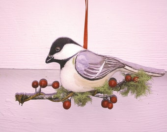 Chickadee Ornament Doll Plushie Hand Painted Wild Bird Nature Decor For Valentines Day with Lichens and Red Glass Berries