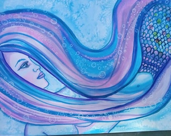 Mermay Mermaid Card Set of 4 with 2 designs Water Color Painting  Image to add to Ocean Art themed Junk Journal Mermaids Yellow Sea Horses