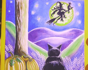 Halloween Card Witch flies over the Moon with Black Cat as Black Cat waits her turn by the Pumpkin Patch 5 by 7 Blank inside Greeting Card