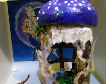 Little Purple Mushroom Hut Fairy House Made out of Birch Bark Great for Holiday Gift