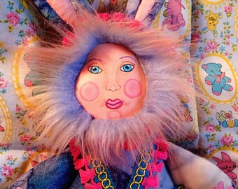 Bohemian Bunny Doll Easter Ostara of Love Anthropomorphic Bunny Plushie Doll with baby bunny in a flower power Bag Hop into your heart Cute