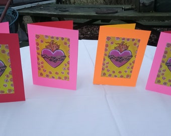 Valentine's Day Sacred Heart Art Cards set of 4 handmade cards 2 with pink 1 with red 1 with orange background Spread the love to your love