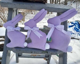 Trio of Purple Wool Gingham Lavender Bunnies, Bowl filler Easter Rabbit Vintage Wool Fabric Primitive Style Easter Rabbit Shelf Tuck Sitters