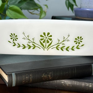 Vintage Glasbake J2352 green flower print split milk glass casserole dish.