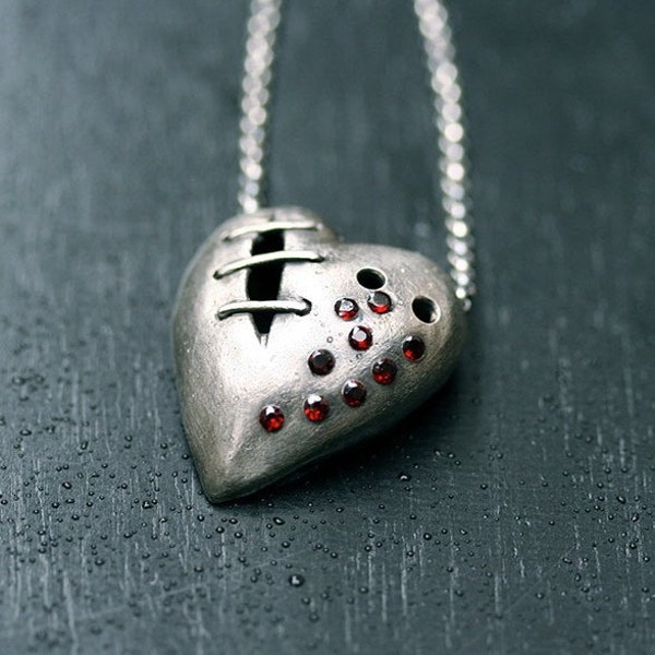My bloody valentine sutured heart necklace sterling silver garnet No. 20