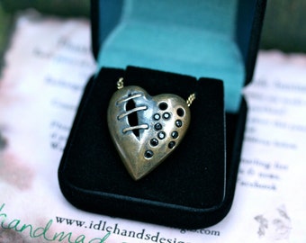 My Bloody Valentine Sutured Heart Necklace Bronze Black Spinel Free Domestic Shipping