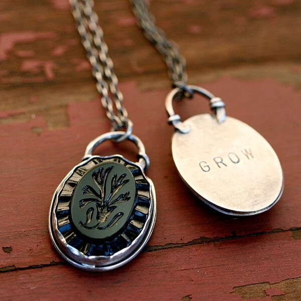 Grow vintage noir glass button necklace oxidized sterling silver