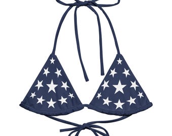 American Flag Bikini Top – USA Patriotic Swimwear with White Stars & Blue Straps, Retro Vintage Look, Perfect for 4th of July and Pool Days